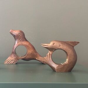 Vintage Hand-Carved Wooden Seal and Dolphin Napkin Rings Philippines Set of 6